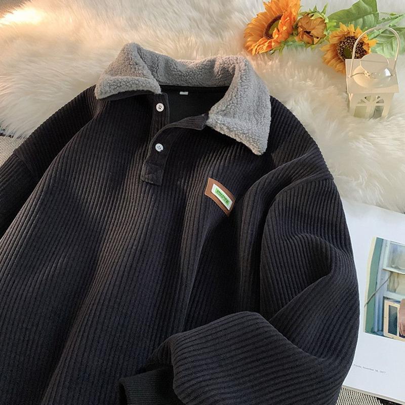 Corduroy Polo Collar Sweater Men's Fleece-lined Thickened Lamb Wool Coat Men's Hong Kong Less