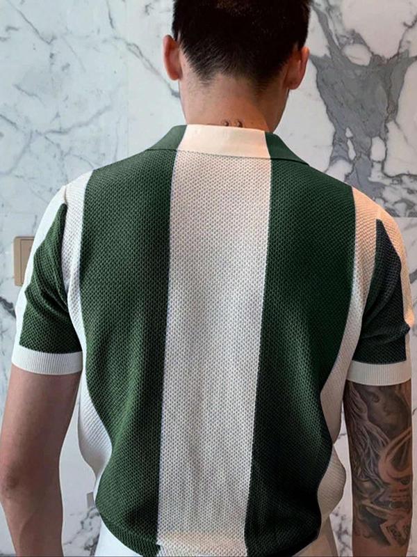 Men's Colorblock Button Front Lapel Neck Knit Top, Regular Fit Casual Short Sleeve Top for Summer, Men's Knitwear for Daily Streetwear, Men's T Shirts,  Summer Clothes, Summer Tops Men, Men's Clothing