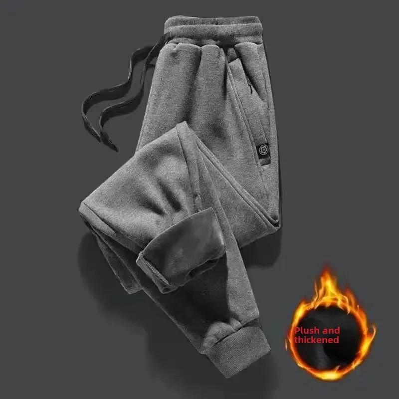 Men's Winter Fleece-lined Thickened Trousers Solid Color Warm Bunded Feet Casual Pants Loose Fit Men's Wear