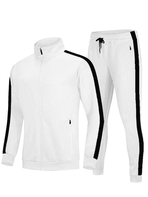 Two-piece Set Men's Colorblock Zip Up Jacket & Side Stripe Pants Tracksuit Set, Regular Fit Sporty Long Sleeve Stand Collar Outerwear & Drawstring Pocket Trousers, Men's Sweatsuit Set, Men's Sportswear for Indoor Outdoor Wear