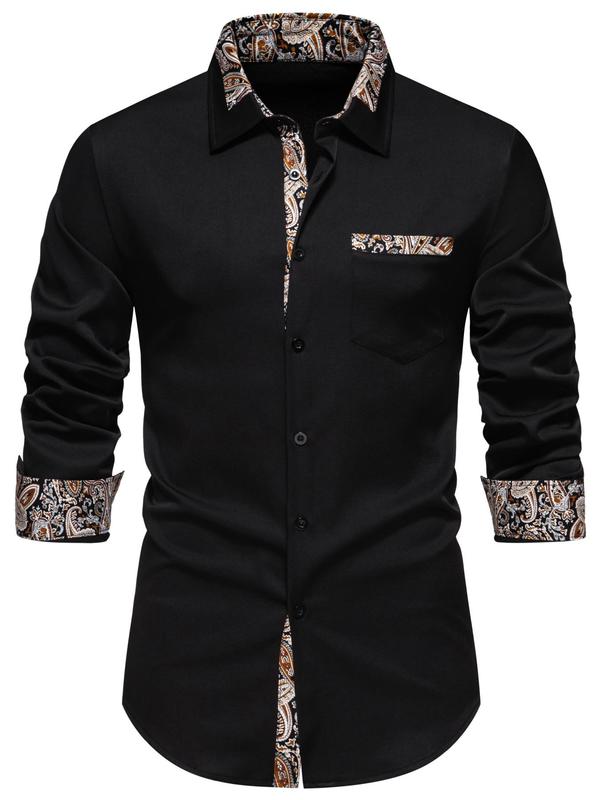 Men's Paisley Patchwork Print Button Front Shirt, Regular Fit Casual Pocket Collared Top, Fashion Men's Clothes for All Seasons