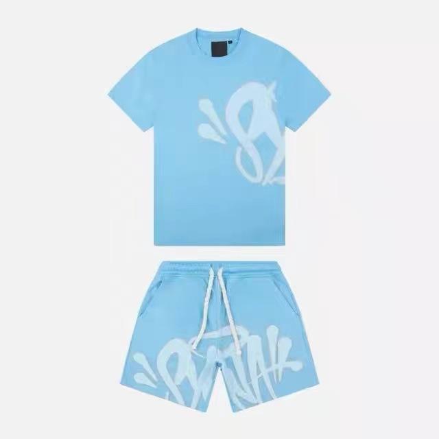 Aesthetic Male Gothic 2-Piece Set Hip Hop Letter Print 0 Collar T-shirt + Drawstring Wide Leg Shorts Suit Complex