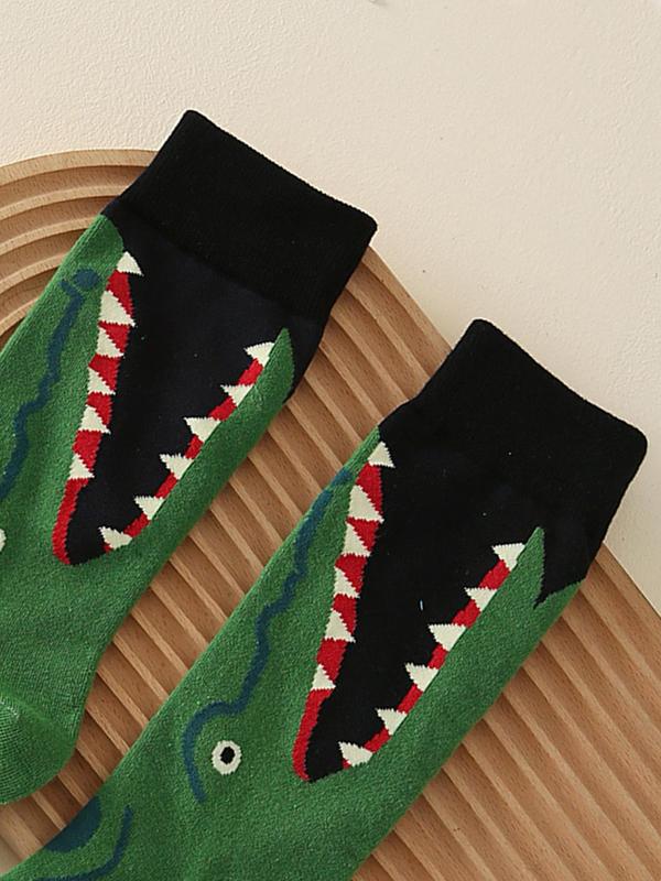 Men's 1 Pair Cartoon Crocodile Print Crew Socks, Menswear Underwear, Fashion Casual Comfy Socks for Daily Wear, Men's Stocking Stuffers, Men Socks for All Seasons