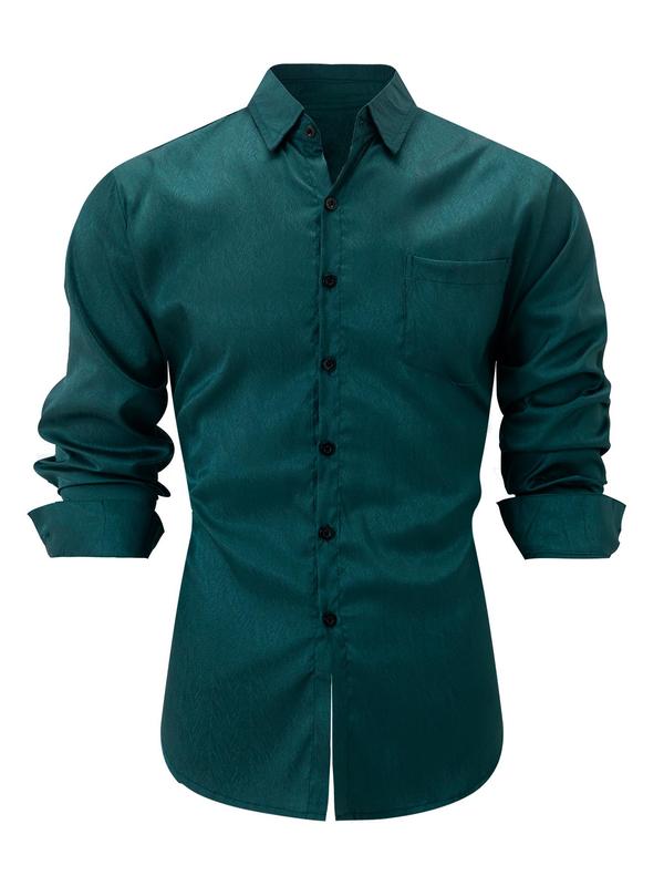 Men's Solid Button Front Pocket Shirt, Regular Fit Casual Long Sleeve Collared Top for Spring & Fall, Fashion Men's Clothes for Daily Wear