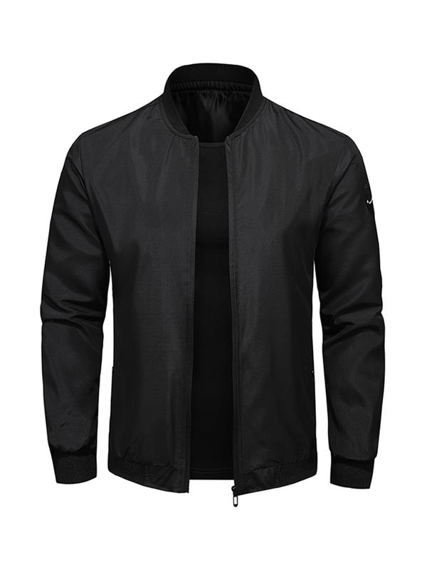 Men's Solid Pocket Zipper Bomber Jacket, Casual Long Sleeve Mock Neck Outerwear for Fall & Winter, Men's Clothes for Daily Wear