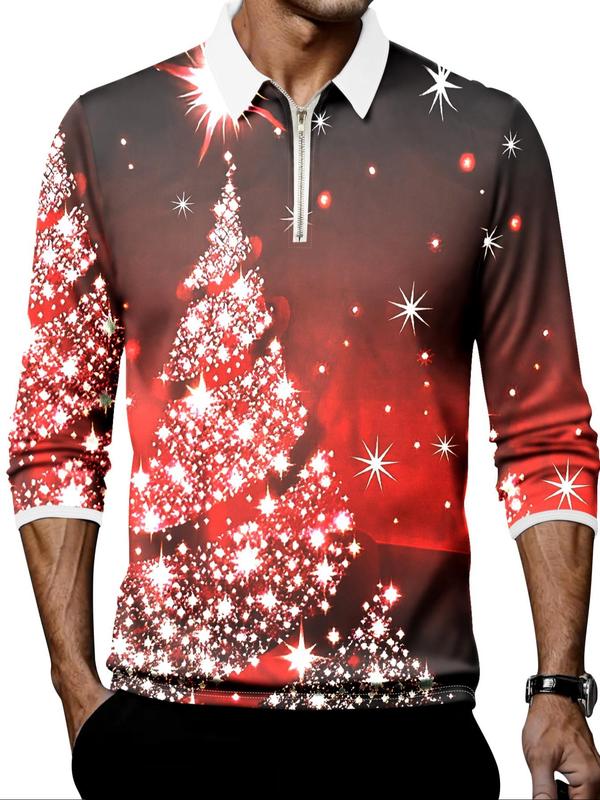 Men's Christmas Tree Print Polo Shirt, Regular Fit Casual Long Sleeve Collared Top for All Seasons, Fashion Men's Clothes for Daily Wear