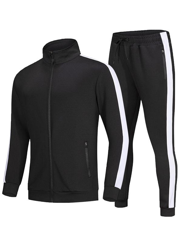 Two-piece Set Men's Colorblock Zip Up Jacket & Side Stripe Pants Tracksuit Set, Regular Fit Sporty Long Sleeve Stand Collar Outerwear & Drawstring Pocket Trousers, Men's Sweatsuit Set, Men's Sportswear for Indoor Outdoor Wear