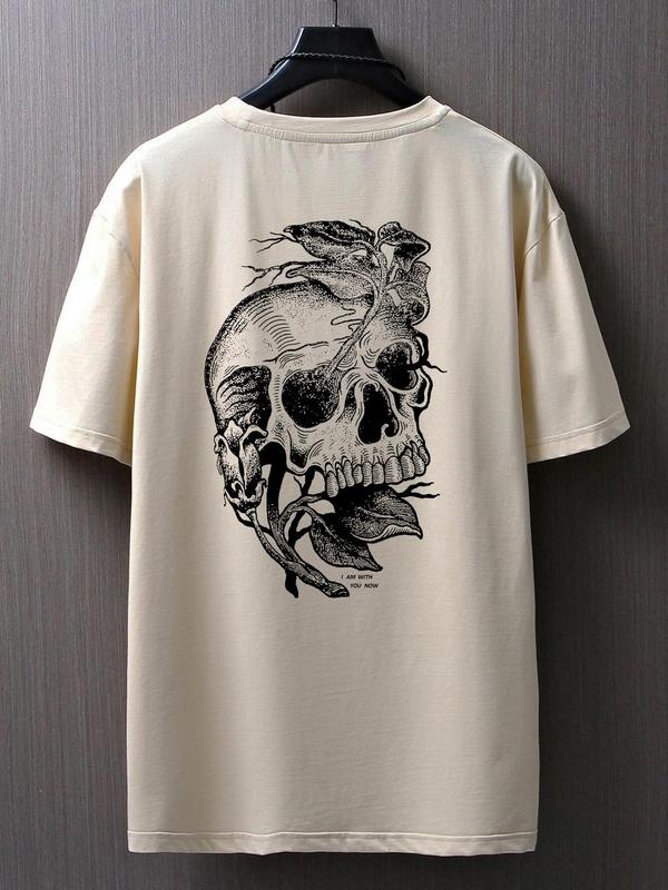 Unisex Regular Fit Skull & Leaf Print Round Neck Tee, Punk Street Soft Comfy Short Sleeve T-shirt for Daily Wear, Casual Men's Clothes for Summer