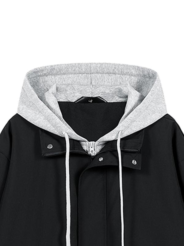 Men's Solid 2 in 1 Drawstring Zip Up Hooded Jacket, Loose Casual Long Sleeve Pocket Zipper Outerwear for Fall & Winter, Men's Clothes for Daily Wear