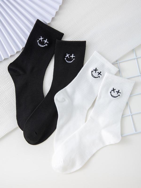 Men's 2 Pairs Smiling Face Print Crew Socks, Casual Comfortable Breathable Socks for Fall & Winter, Mens Stocking Stuffer, Men's Socks for Daily Wear