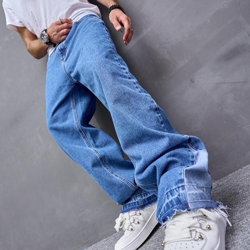 Stylish Loose Spliced Men Straight Jeans Pants Streetwear Motorcycle Male Casual Denim Trousers Menswear Underwear Human Beige Pocket Plain