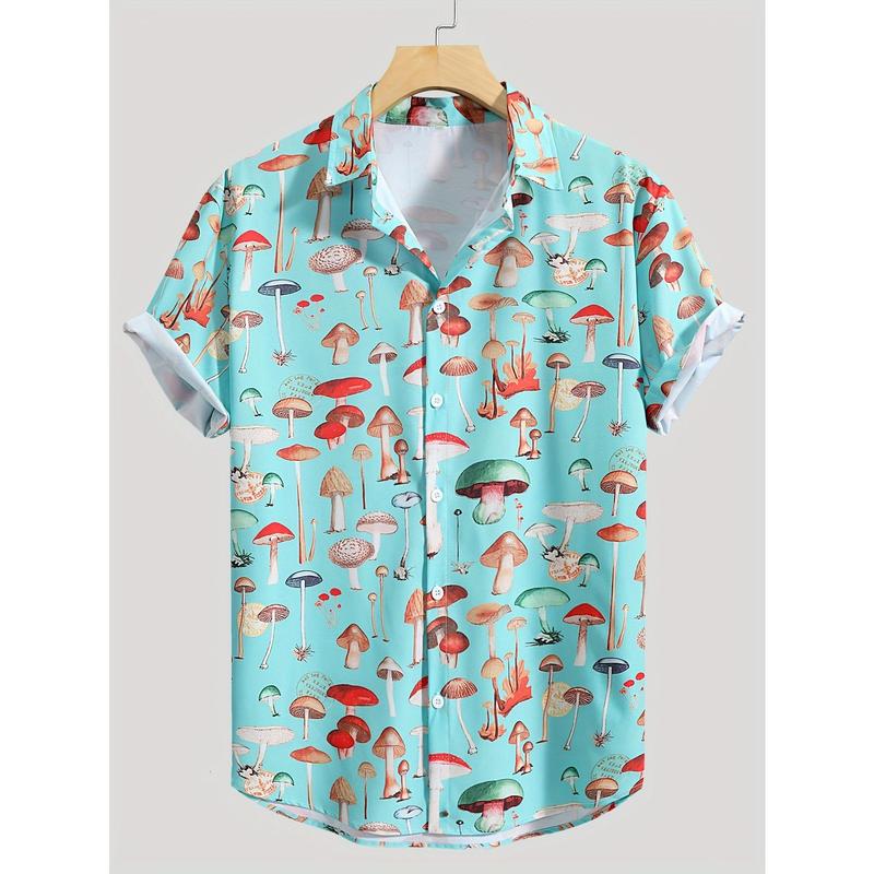 Cute Mushroom Print Casual Button Up Shirt, Men's Clothes For Spring Summer K-pop