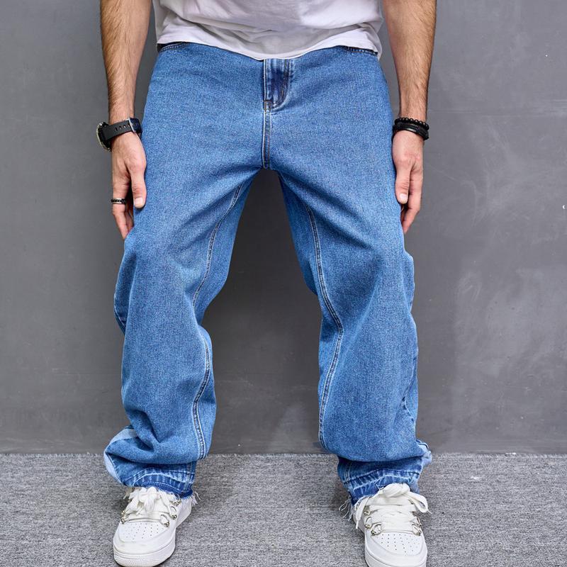 Stylish Loose Spliced Men Straight Jeans Pants Streetwear Motorcycle Male Casual Denim Trousers Menswear Underwear Human Beige Pocket Plain