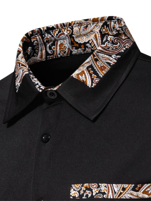 Men's Paisley Patchwork Print Button Front Shirt, Regular Fit Casual Pocket Collared Top, Fashion Men's Clothes for All Seasons