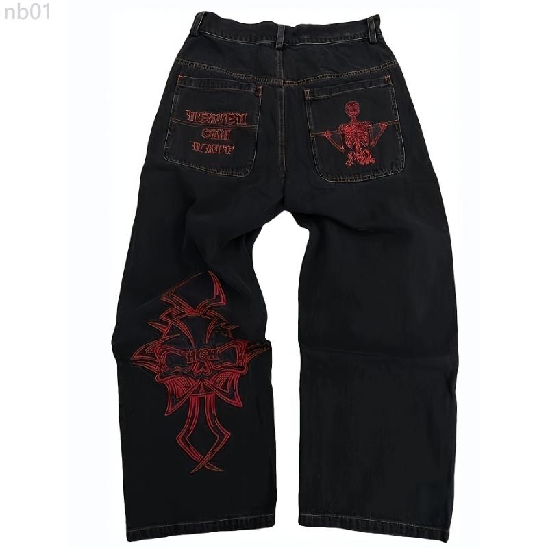 Men's Skull Embroidered Jeans, Casual Street Style Loose Jeans, Halloween Gift