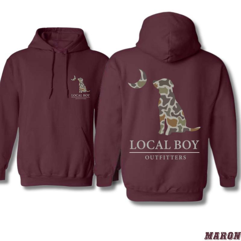 Local Boy Outfitters Hoodie, Classic Camouflage Dog Design Featuring Moon Graphics, Country Boy Clothing, Perfect for Outdoor Enthusiasts and Dog Lovers, T-Shirt, Sweatshirt, Hoodie, Gift for Him, Gift for Her Menswear Sweaters