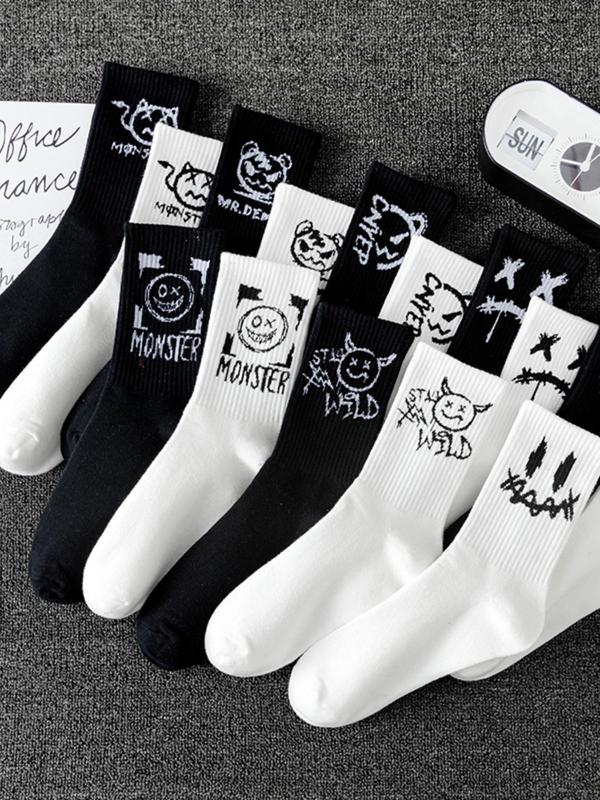 Men's Random Cartoon Print Athletic Socks, Casual Moisture Wicking Sports Crew Socks,  Leg Warmers, Soft Comfy Breathable Sports Socks for All Seasons Daily Wear