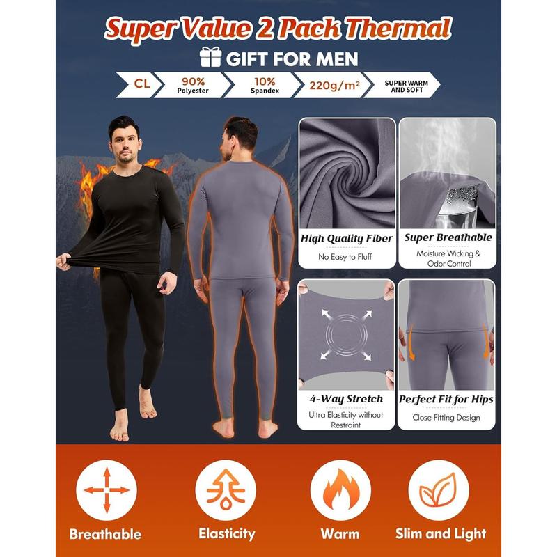 2 Pack Long Johns Thermal Underwear for Men Soft Fleece Lined Base Layer Cold Weather Set XS-4XL