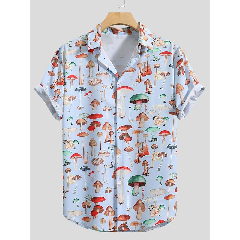 Cute Mushroom Print Casual Button Up Shirt, Men's Clothes For Spring Summer K-pop