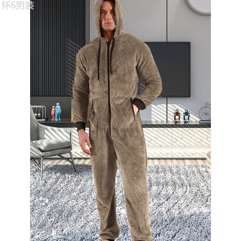 1 Pc Dark Gray Plush Men's Hooded Long Sleeve Jumpsuit Pajama - Cozy Relaxed Fit One-Piece Loungewear with Zipper Fabric Menswear