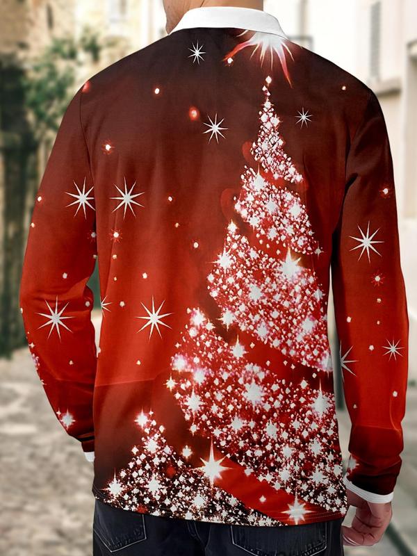 Men's Christmas Tree Print Polo Shirt, Regular Fit Casual Long Sleeve Collared Top for All Seasons, Fashion Men's Clothes for Daily Wear