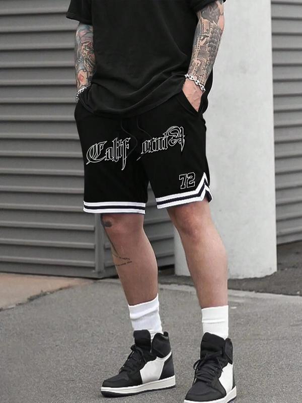 Men's Letter Print Contrast Trim Drawstring Waist Shorts, Casual Regular Fit Pocket Straight Leg Shorts for Summer, Streetwear Bottoms for Men