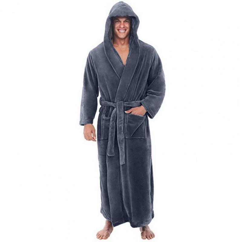 Autumn Winter Sleep Robe Men Hooded Bathrobe Thicken Fleece Belt Fluffy Highly Absorbent Male Bathrobe