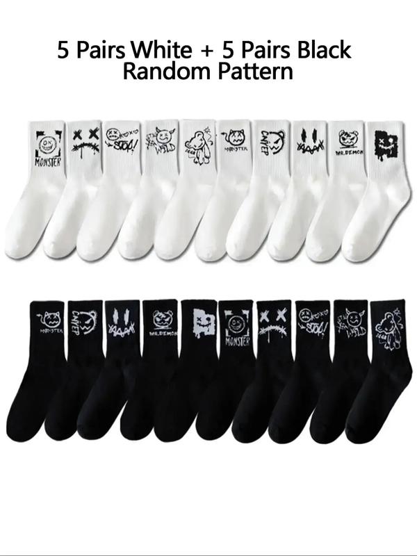 Men's Random Cartoon Print Athletic Socks, Casual Moisture Wicking Sports Crew Socks,  Leg Warmers, Soft Comfy Breathable Sports Socks for All Seasons Daily Wear