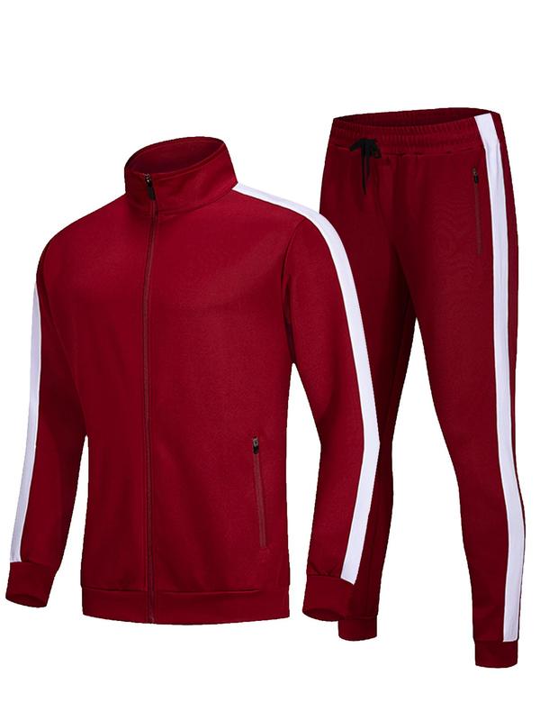 Two-piece Set Men's Colorblock Zip Up Jacket & Side Stripe Pants Tracksuit Set, Regular Fit Sporty Long Sleeve Stand Collar Outerwear & Drawstring Pocket Trousers, Men's Sweatsuit Set, Men's Sportswear for Indoor Outdoor Wear