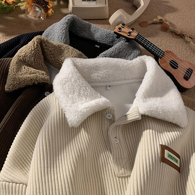 Corduroy Polo Collar Sweater Men's Fleece-lined Thickened Lamb Wool Coat Men's Hong Kong Less