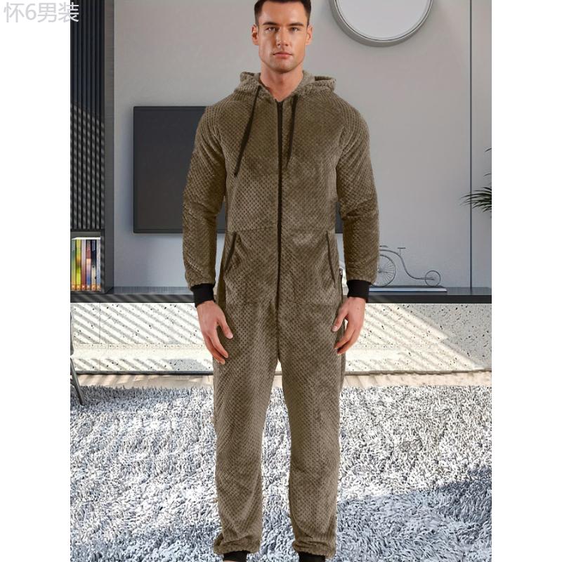 1 Pc Dark Gray Plush Men's Hooded Long Sleeve Jumpsuit Pajama - Cozy Relaxed Fit One-Piece Loungewear with Zipper Fabric Menswear