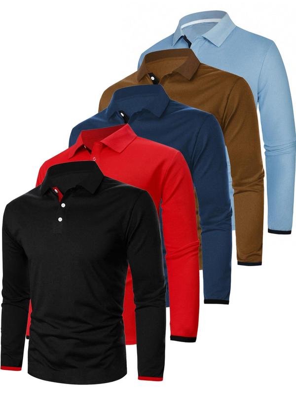 Men's Solid Color Long Sleeve Polo Shirt, Casual Regular Fit Button Collared Top for Spring & Fall, Men's Clothes for Daily Wear Basic Tops Longsleeves