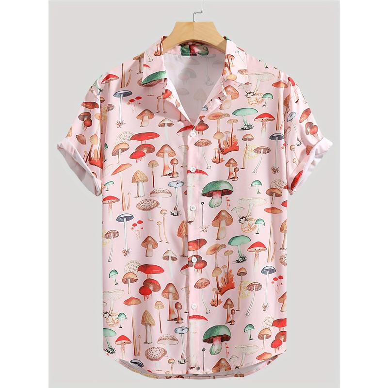 Cute Mushroom Print Casual Button Up Shirt, Men's Clothes For Spring Summer K-pop