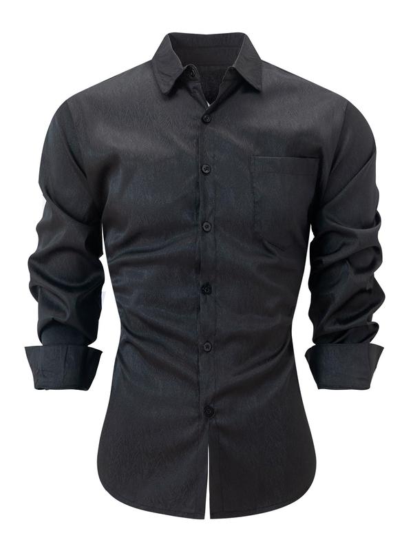 Men's Solid Button Front Pocket Shirt, Regular Fit Casual Long Sleeve Collared Top for Spring & Fall, Fashion Men's Clothes for Daily Wear