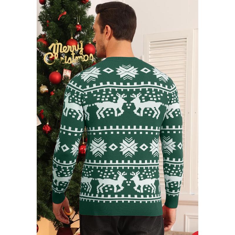 Mens Christmas Sweater Long Sleeve Elk Snow Pattern Casual Oversized Knit Pullover Tops Knitted Wear for Men Gift New Year Thanksgiving Day