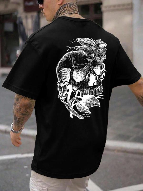 Unisex Regular Fit Skull & Leaf Print Round Neck Tee, Punk Street Soft Comfy Short Sleeve T-shirt for Daily Wear, Casual Men's Clothes for Summer