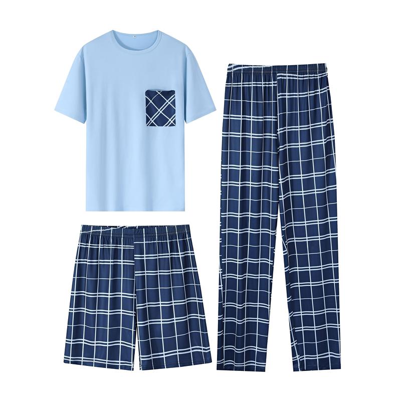 20243 Piece Set Men's Fashion Casual Pajamas Suit, Short Sleeve round Neck Top T-shirt and Plaid Loose Stretch Waist Pants and Shorts Homewear Dandy