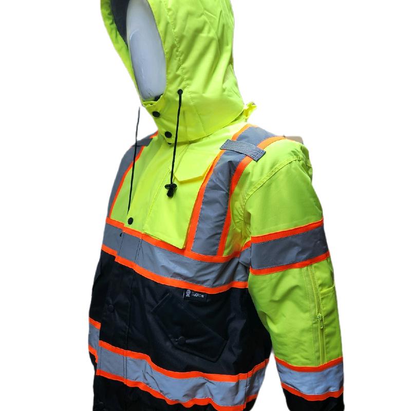 High Visibility Water Resistant Yellow Bomber Safety Jacket with Hoodie   Yellow Reflective Safety Sherpa Insulated Jacket