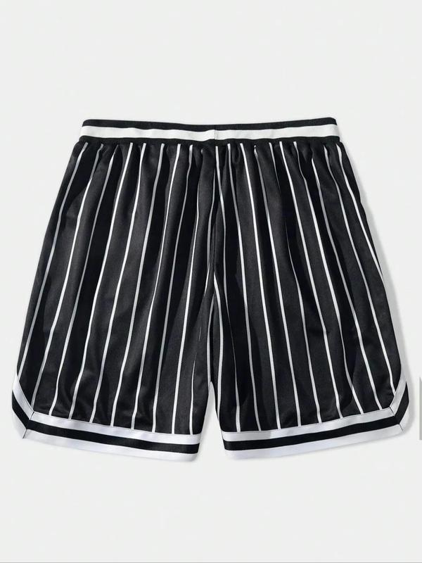 Men's Loose Striped Print Contrast Binding Drawstring Waist Shorts, New York City Famous Print Vertical Stripe Patchwork Shorts, Basketball Shorts, Summer Outfits 2024, Shorts for Men