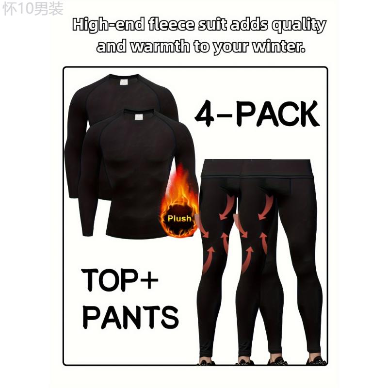 4-Pack Cozy Thermal Set - Men's Long Sleeve Shirt & Pants Base Layers for Ski-Ready Warmth and Winter Outdoor Comfort Fabric Menswear