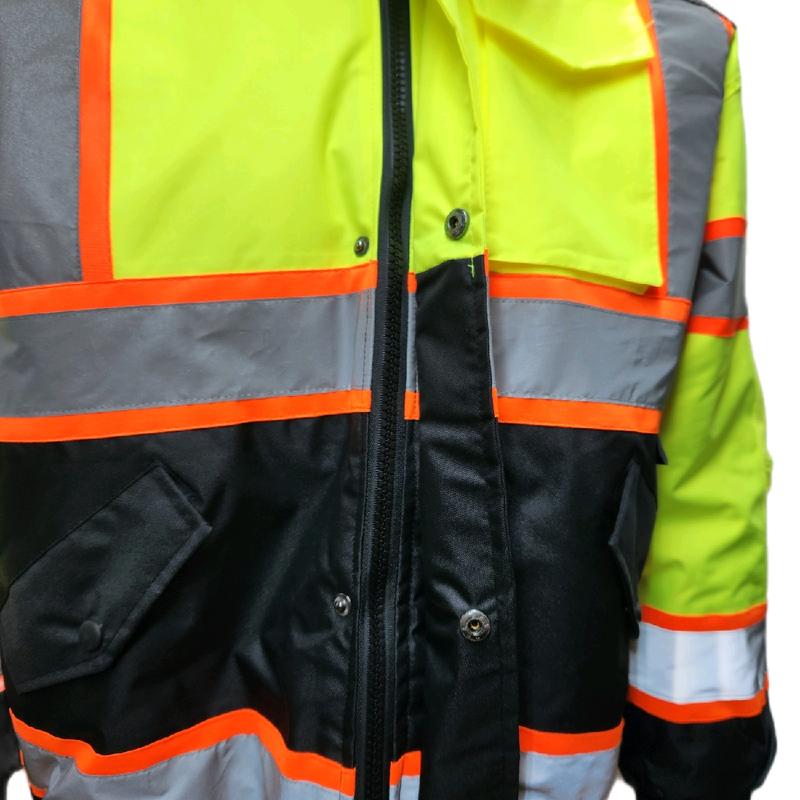 High Visibility Water Resistant Yellow Bomber Safety Jacket with Hoodie   Yellow Reflective Safety Sherpa Insulated Jacket