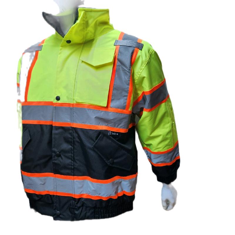 High Visibility Water Resistant Yellow Bomber Safety Jacket with Hoodie   Yellow Reflective Safety Sherpa Insulated Jacket