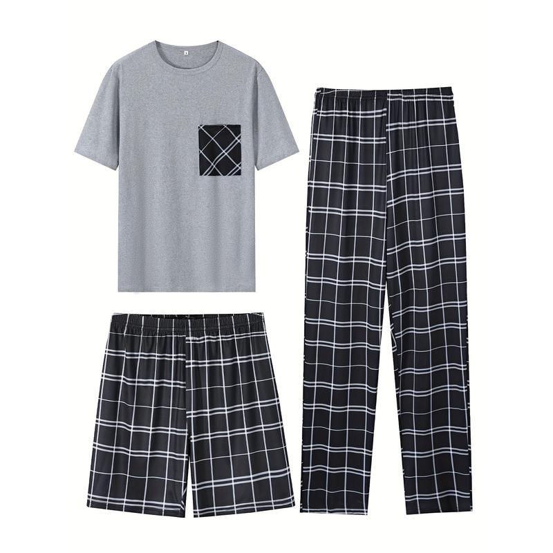 20243 Piece Set Men's Fashion Casual Pajamas Suit, Short Sleeve round Neck Top T-shirt and Plaid Loose Stretch Waist Pants and Shorts Homewear Dandy