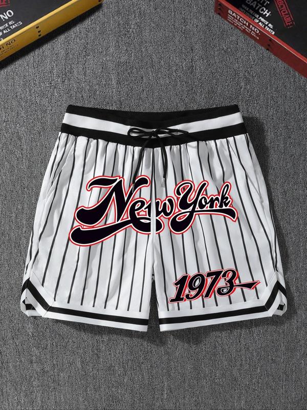 Men's Loose Striped Print Contrast Binding Drawstring Waist Shorts, New York City Famous Print Vertical Stripe Patchwork Shorts, Basketball Shorts, Summer Outfits 2024, Shorts for Men