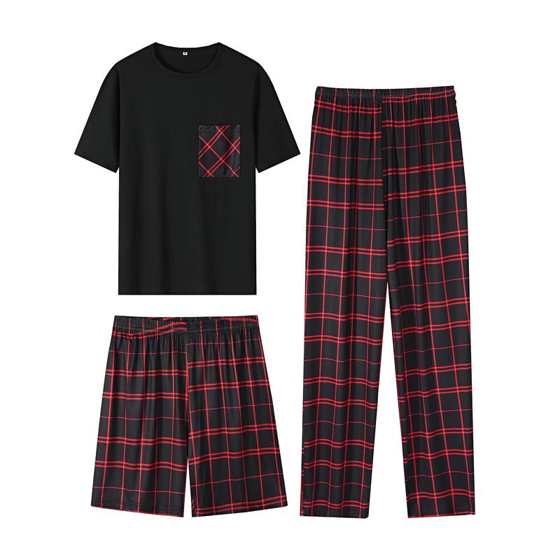 20243 Piece Set Men's Fashion Casual Pajamas Suit, Short Sleeve round Neck Top T-shirt and Plaid Loose Stretch Waist Pants and Shorts Homewear Dandy