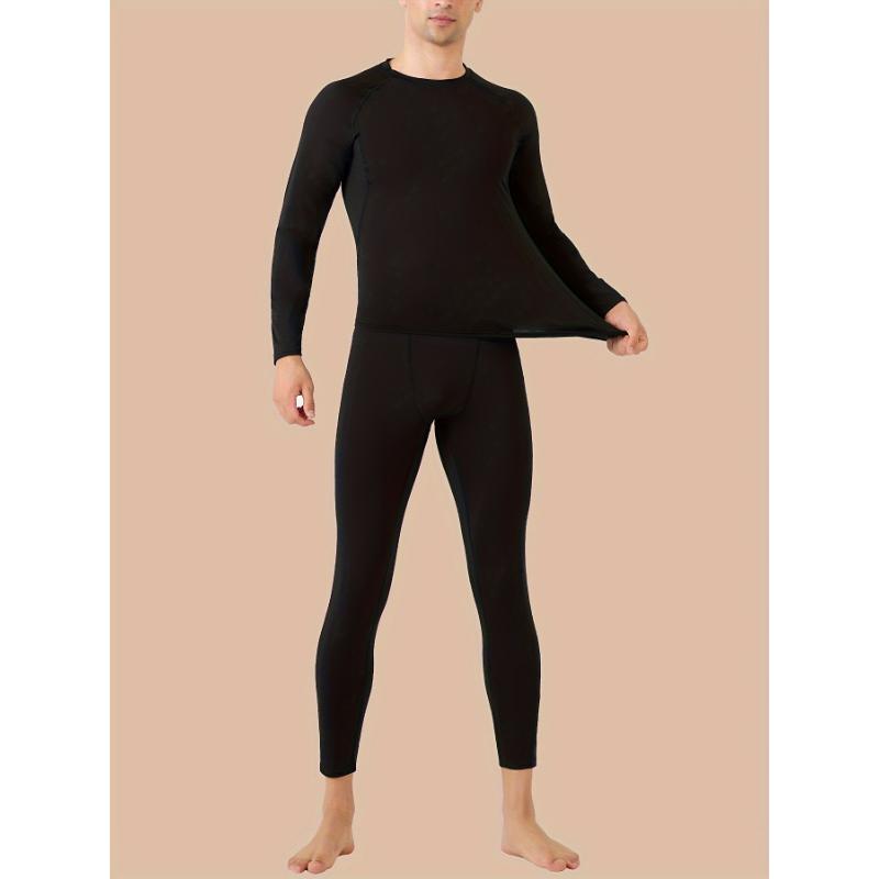 6pcs Men's Thermal Fleece-Lined Base Layer Set - Long Sleeve Crew Neck Top & Pants, Stretchy & Warm for Cold Weather, Perfect for Sports, Skiing & Hiking