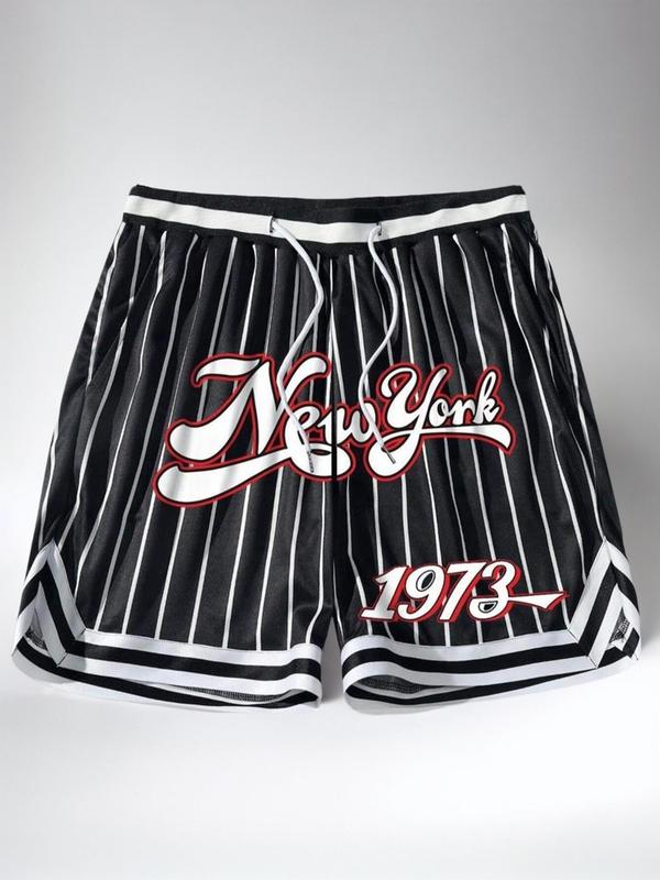 Men's Loose Striped Print Contrast Binding Drawstring Waist Shorts, New York City Famous Print Vertical Stripe Patchwork Shorts, Basketball Shorts, Summer Outfits 2024, Shorts for Men