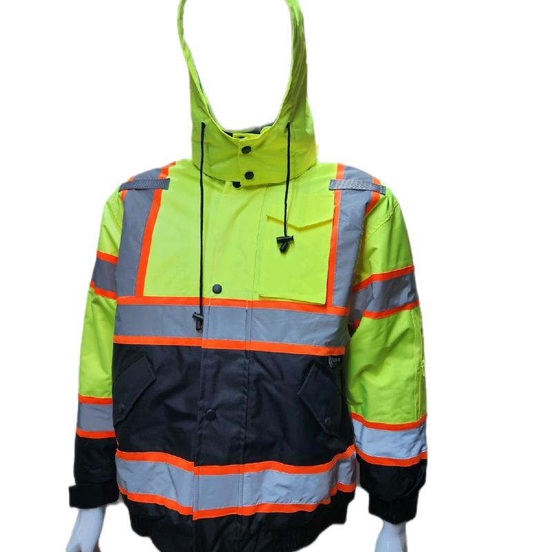 High Visibility Water Resistant Yellow Bomber Safety Jacket with Hoodie   Yellow Reflective Safety Sherpa Insulated Jacket