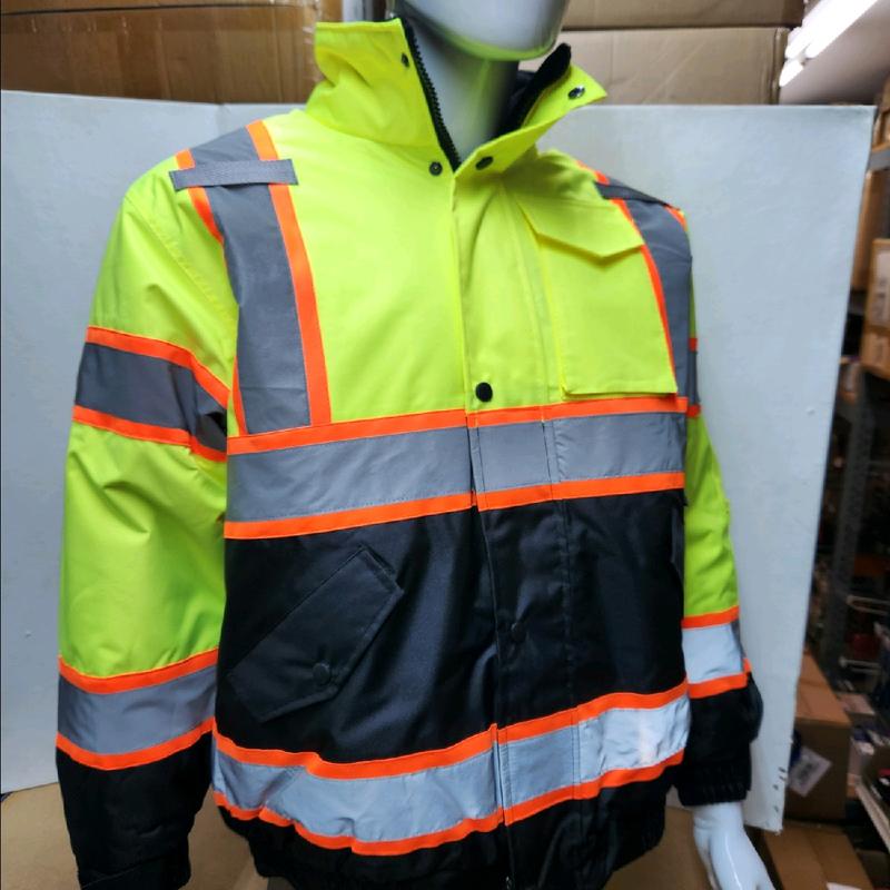 High Visibility Water Resistant Yellow Bomber Safety Jacket with Hoodie   Yellow Reflective Safety Sherpa Insulated Jacket