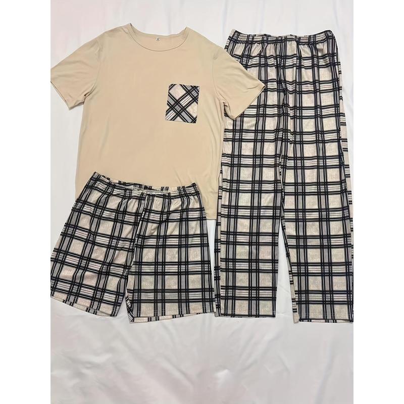 20243 Piece Set Men's Fashion Casual Pajamas Suit, Short Sleeve round Neck Top T-shirt and Plaid Loose Stretch Waist Pants and Shorts Homewear Dandy